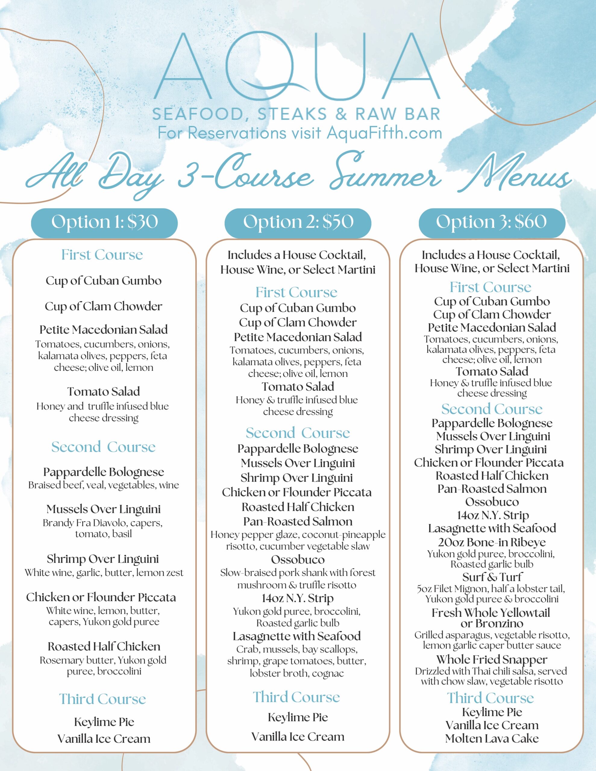 Aqua 3-Course Summer Menu Aqua 3-Course Summer Menu